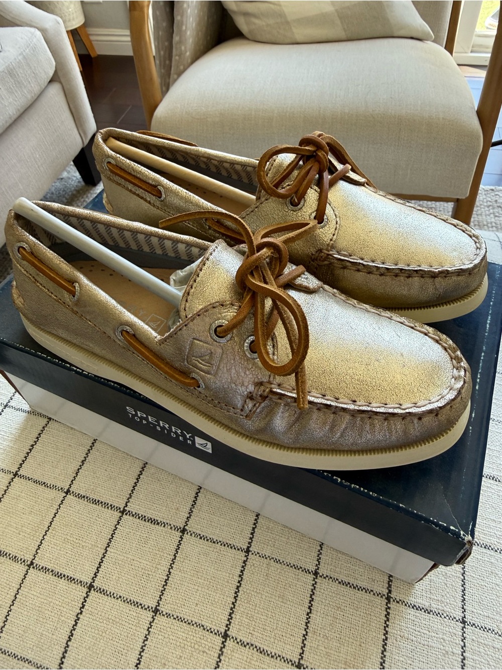 Sperry Metallic Gold Leather Boat Shoes with Brown Laces